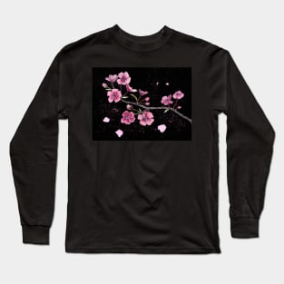 Cherry Blossoms in Watercolor and Pencil with a black background Long Sleeve T-Shirt